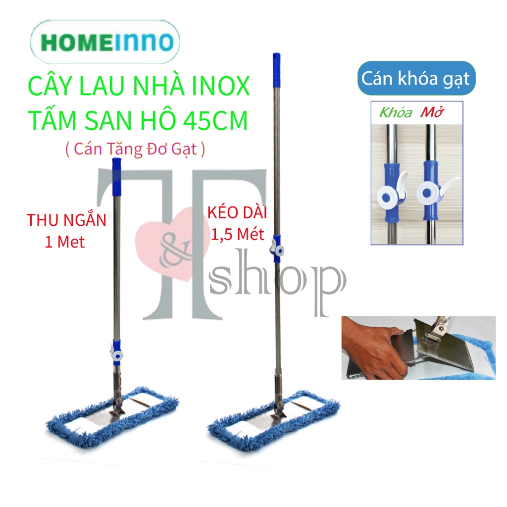 [HỎA TỐC] Cây Lau Nhà Bản Inox Tấm Lau San Hô 45cm Homeinno Cán Rút KHÓA VẶN / KHÓA GẠT Kéo Dài 1m45