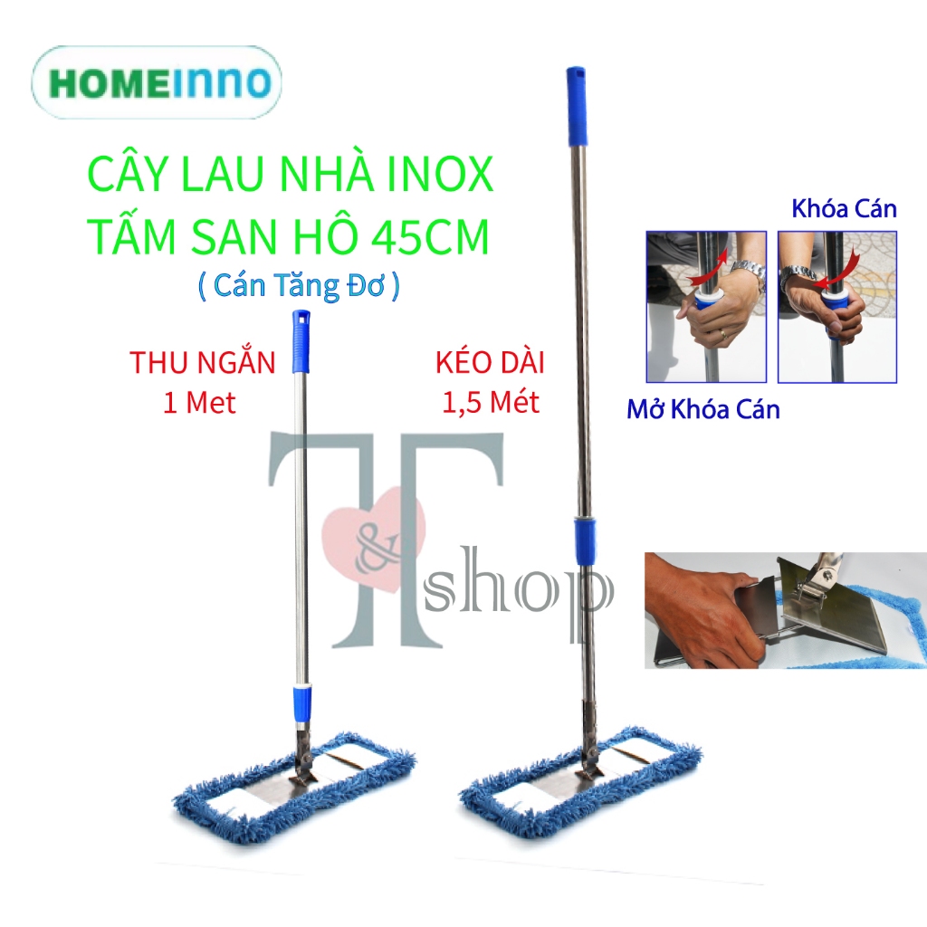 [HỎA TỐC] Cây Lau Nhà Bản Inox Tấm Lau San Hô 45cm Homeinno Cán Rút KHÓA VẶN / KHÓA GẠT Kéo Dài 1m45