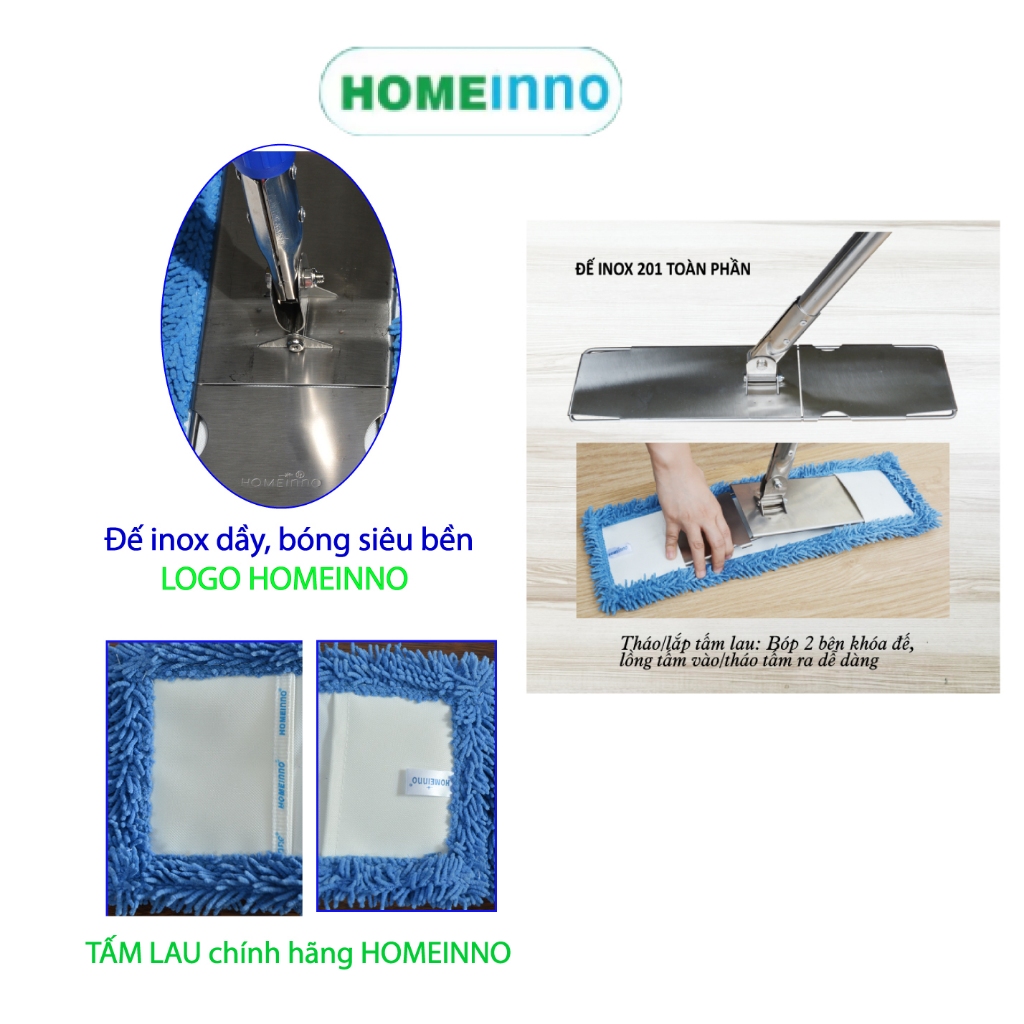 [HỎA TỐC] Cây Lau Nhà Bản Inox Tấm Lau San Hô 45cm Homeinno Cán Rút KHÓA VẶN / KHÓA GẠT Kéo Dài 1m45