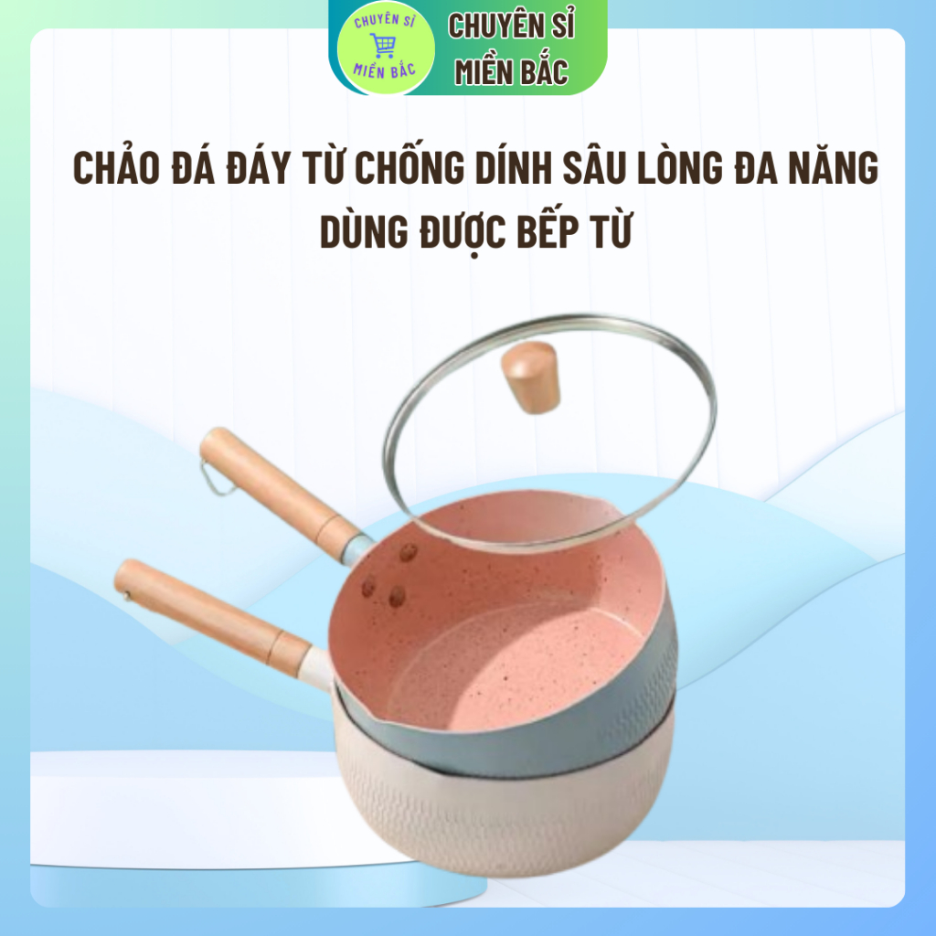 Chảo đá đáy từ chống dính sâu lòng đa năng tay cầm gỗ dài Pastel - Chảo chống dính lúa mạch bếp từ 18cm xinh xắn