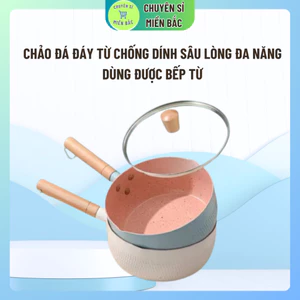 Chảo đá đáy từ chống dính sâu lòng đa năng tay cầm gỗ dài Pastel - Chảo chống dính lúa mạch bếp từ 18cm xinh xắn