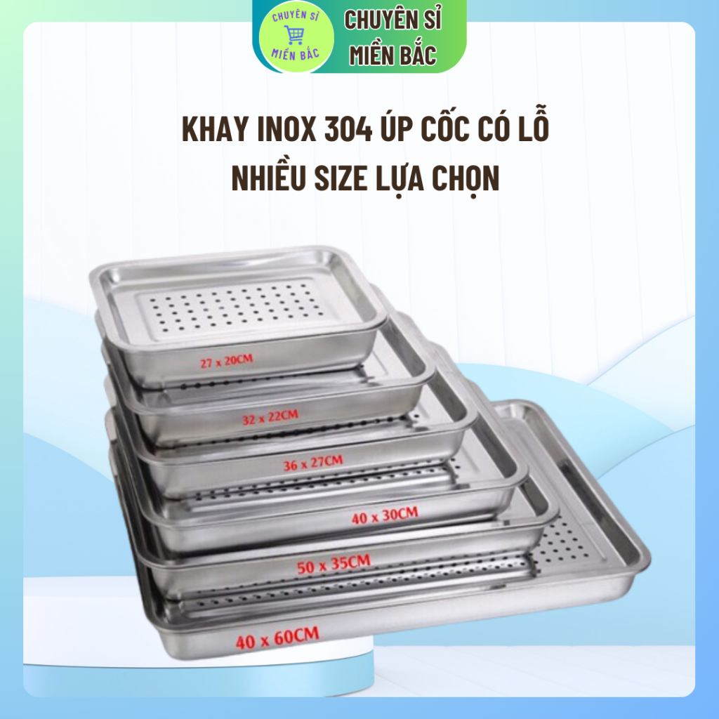 Khay inox úp ly ráo nước có lỗ - mâm trà chữ nhật nhiều cỡ