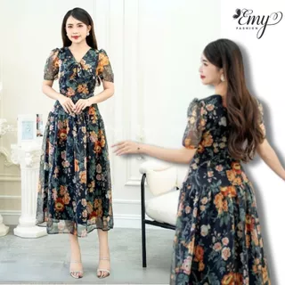 Đầm EMY EM7589 Xoè Voan Hoa Cổ Nơ Nhún Tùng Thiết Kế Cao Cấp Mat Mẻ Mùa Hè Mềm Mại