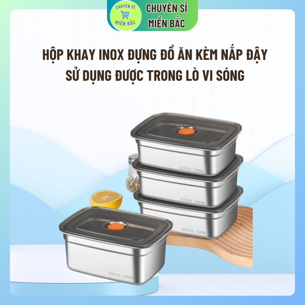 Hộp Đựng Thực Phẩm Inox Cao Cấp , Hộp Khay Inox Đựng Đồ Ăn Để Tủ Lạnh Kèm Nắp Đậy Xịn Xò