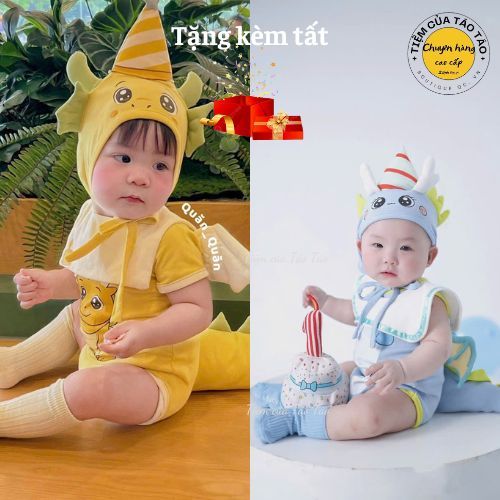 ( HÀNG CÓ SẴN )Set bộ bodysuit Rồng Vàng, Rồng phun lửa kèm mũ Tặng kèm tất cho bé 5-13kg  cho bé trai, bé gái Hàn Quốc