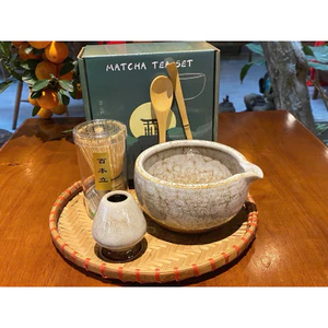 Set Matcha thủ công Nhật Bản 5 món men sứ cao cấp ( Màu kem sữa vân mây )