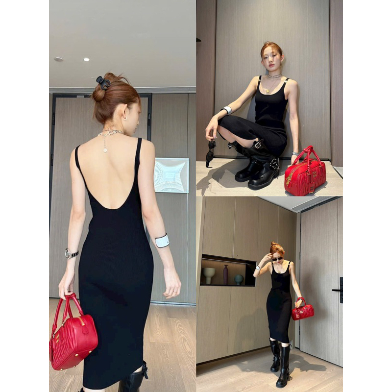 Đầm len mỏng hai dây hở lưng miumiu Versace freesize