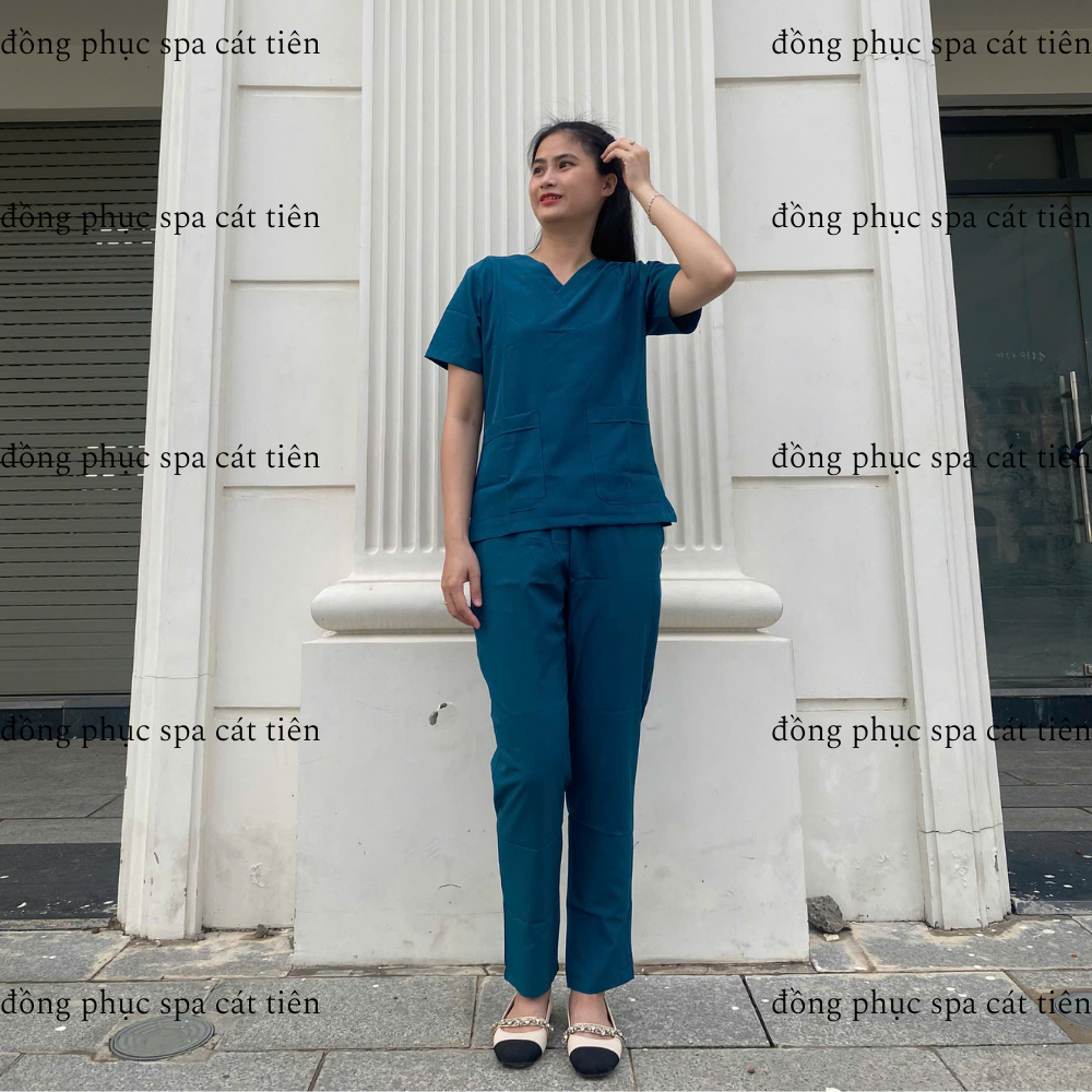 Bộ Scrubs cổ tim màu xanh cổ vịt, chất vải lon giãn, trẻ trung, thoáng mát,spa, y tế