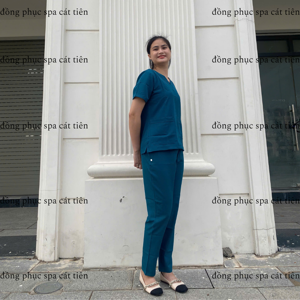 Bộ Scrubs cổ tim màu xanh cổ vịt, chất vải lon giãn, trẻ trung, thoáng mát,spa, y tế