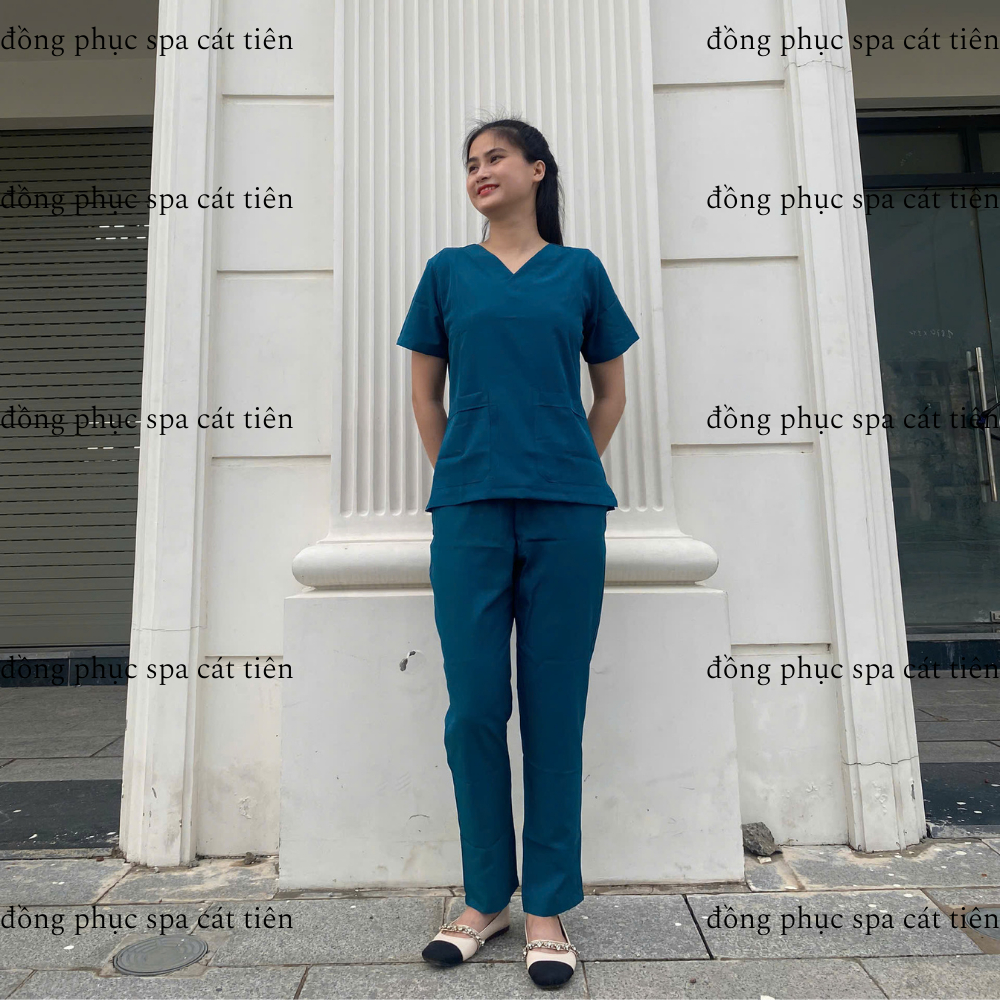 Bộ Scrubs cổ tim màu xanh cổ vịt, chất vải lon giãn, trẻ trung, thoáng mát,spa, y tế