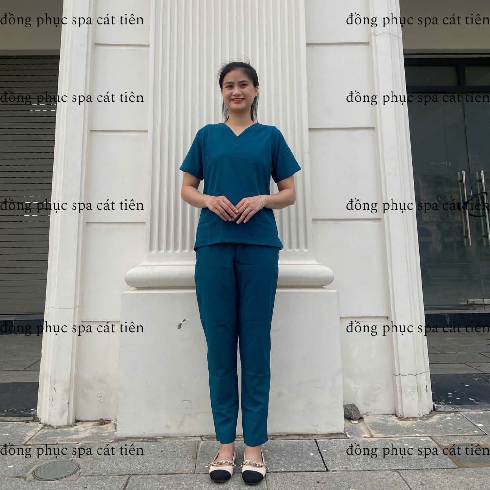 Bộ Scrubs cổ tim màu xanh cổ vịt, chất vải lon giãn, trẻ trung, thoáng mát,spa, y tế