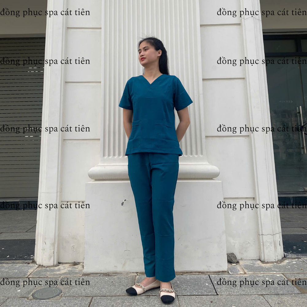 Bộ Scrubs cổ tim màu xanh cổ vịt, chất vải lon giãn, trẻ trung, thoáng mát,spa, y tế