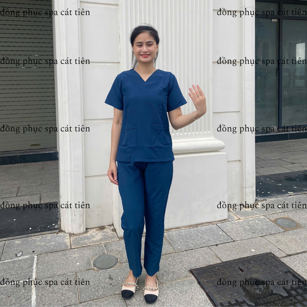 Bộ Scrubs cổ tim màu xanh coban, chất vải lon giãn, trẻ trung, thoáng mát, thiết kế có túi tiện lợi,spa,y tế
