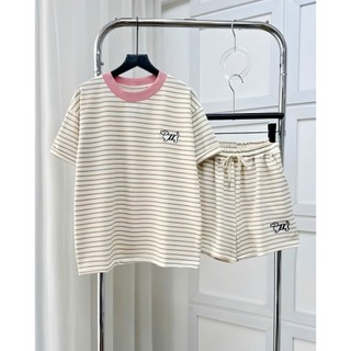 Bộ Áo Thun Quần Đùi Kẻ Sọc Ngang, Họa Tiết Thêu Cún Dễ Thương, Chất Vải Cotton Kẻ Thoáng Mát