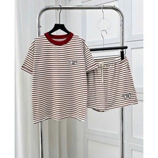 Bộ Áo Thun Quần Đùi Kẻ Sọc Ngang, Họa Tiết Thêu Cún Dễ Thương, Chất Vải Cotton Kẻ Thoáng Mát