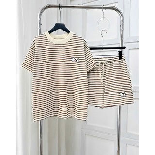 Bộ Áo Thun Quần Đùi Kẻ Sọc Ngang, Họa Tiết Thêu Cún Dễ Thương, Chất Vải Cotton Kẻ Thoáng Mát