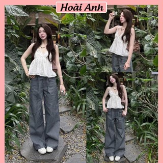 Set Bộ Đồ Nữ Áo 2 Dây Xô Thêu Hoa Chun Lưng Đính Nơ Ngực Mix Quần Suông Dài Kẻ Ống Rộng
