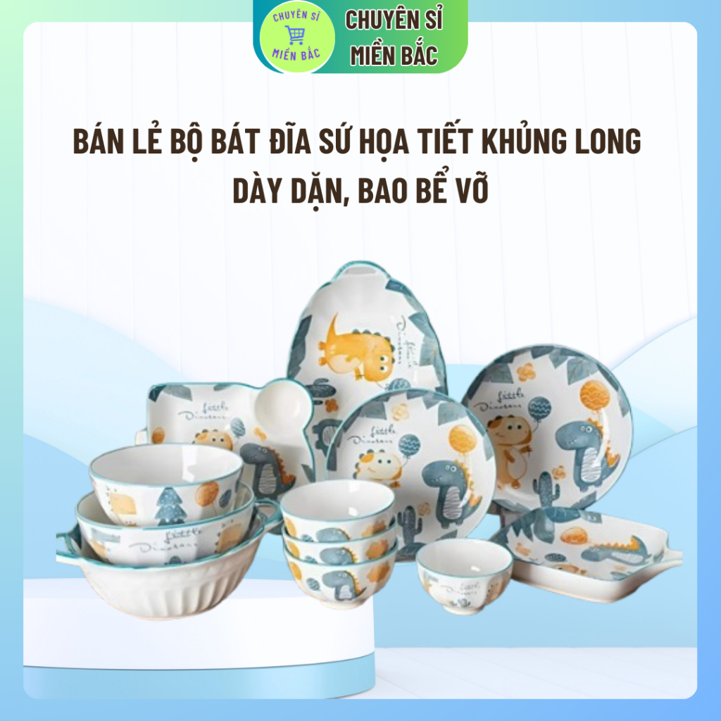 Bán lẻ bộ bát đĩa sứ họa tiết khủng long decor dễ thương
