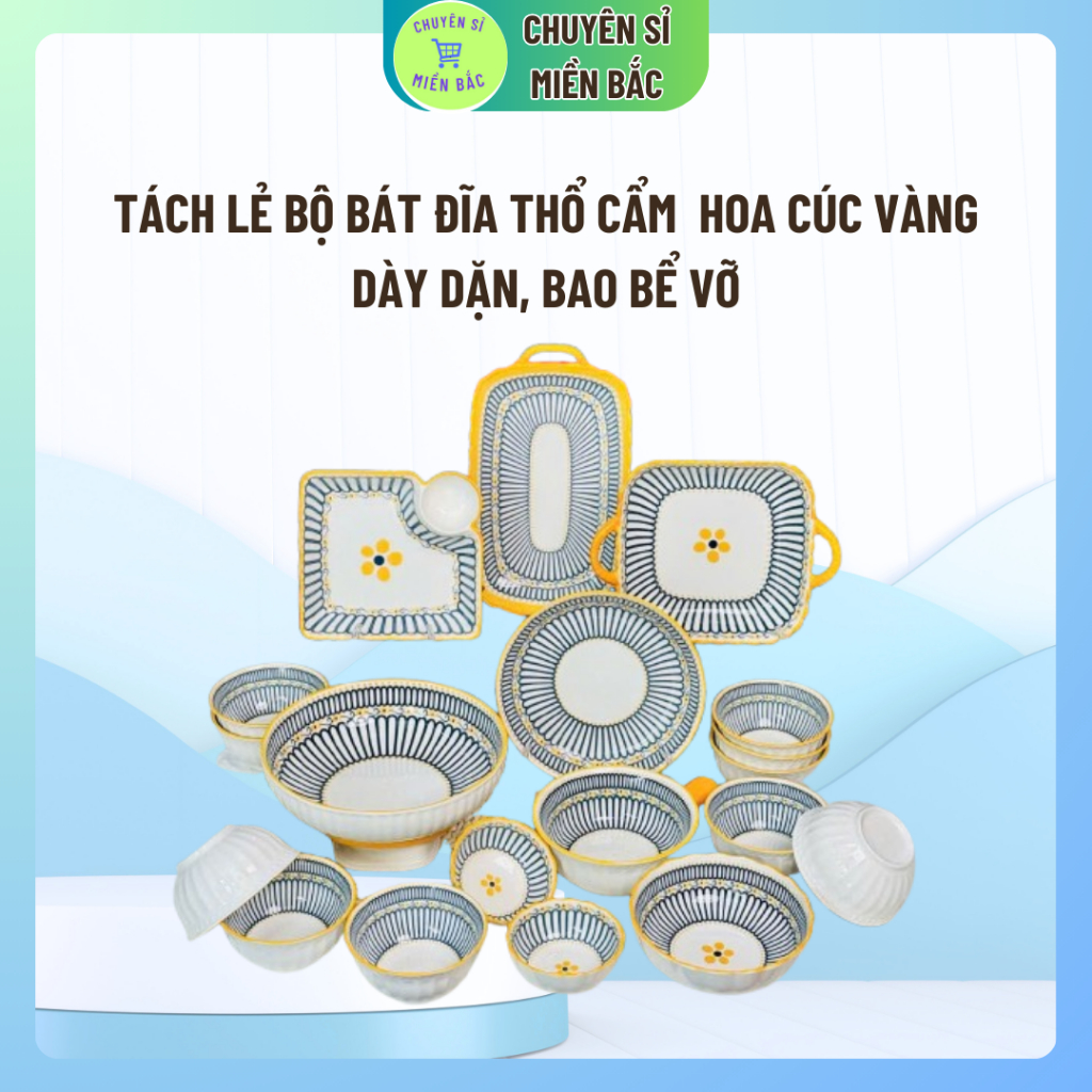 Tách Lẻ Bộ Bát Đĩa Thổ Cẩm  Hoa cúc vàng Nhật Bản Men Sáng Mịn Hàng Đẹp