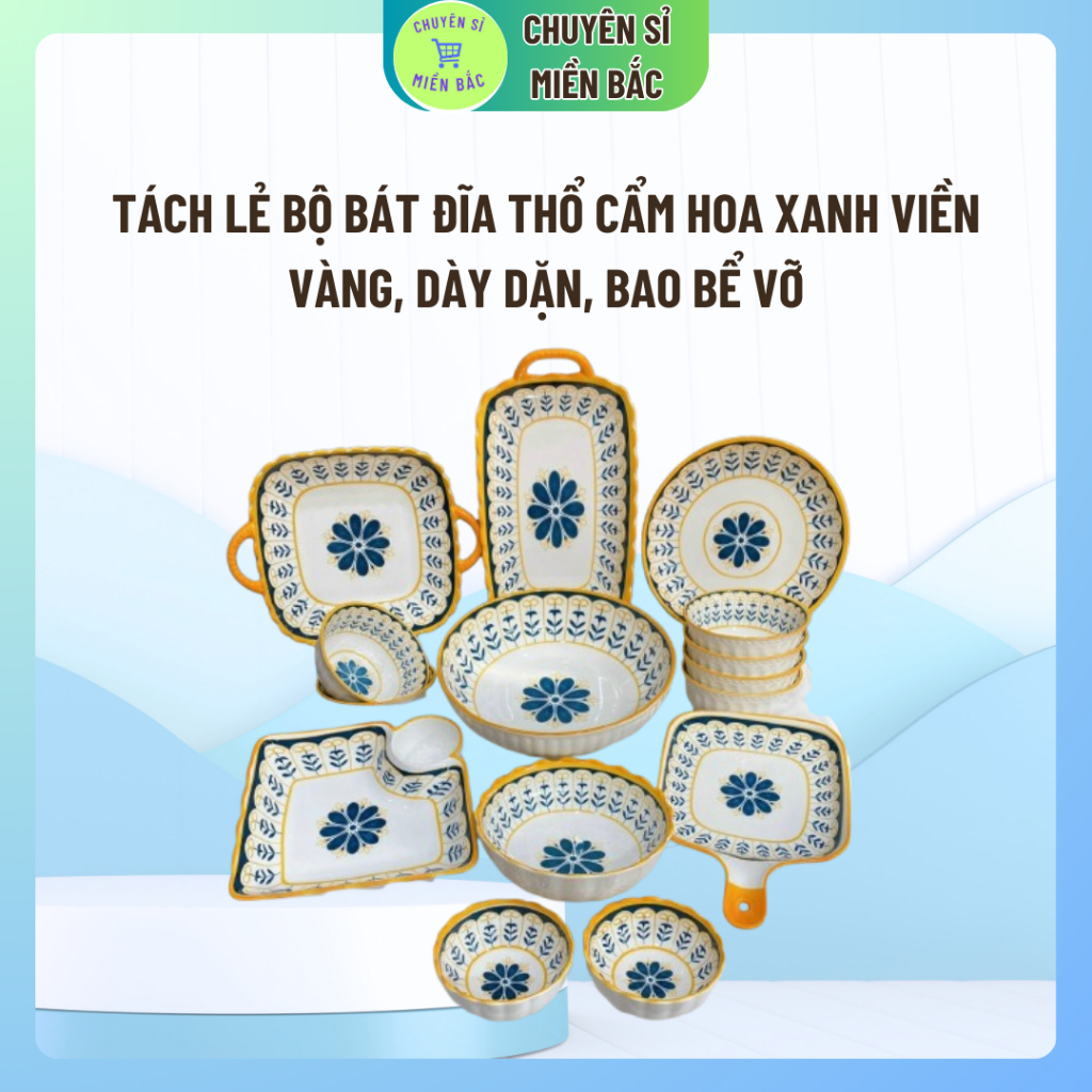 Tách Lẻ Bộ Bát Đĩa Thổ Cẩm  Hoa Xanh Viền Vàng Nhật Bản Men Sáng Mịn Hàng Đẹp