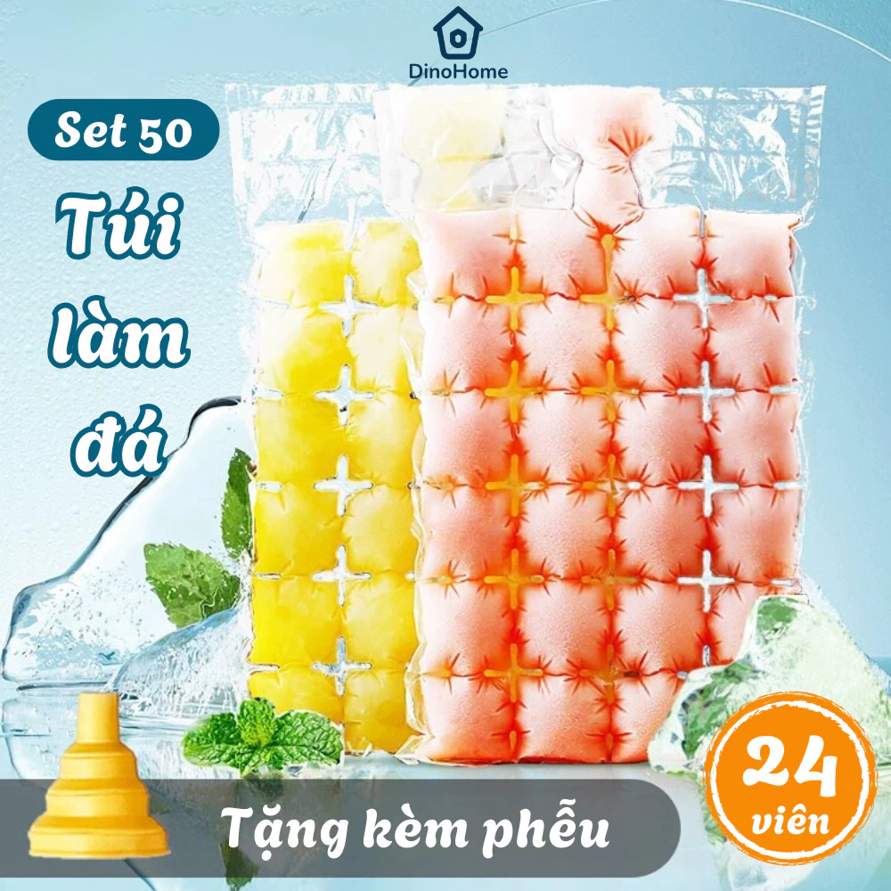 Set 50 Túi Làm Đá Viên 24 Ô Dùng 1 Lần, Túi Làm Kem Siro, Sữa Chua, Nước Trái Cây Kèm Phễu An Toàn Vệ Sinh