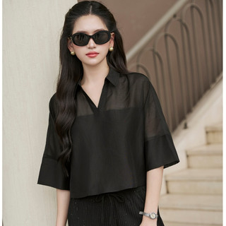 Áo Kiểu Nữ LAMER FASHION Dáng Sơ Mi Croptop Công Sở Cổ V Cánh Dơi Tơ Lụa Mềm Mát O61B25H010