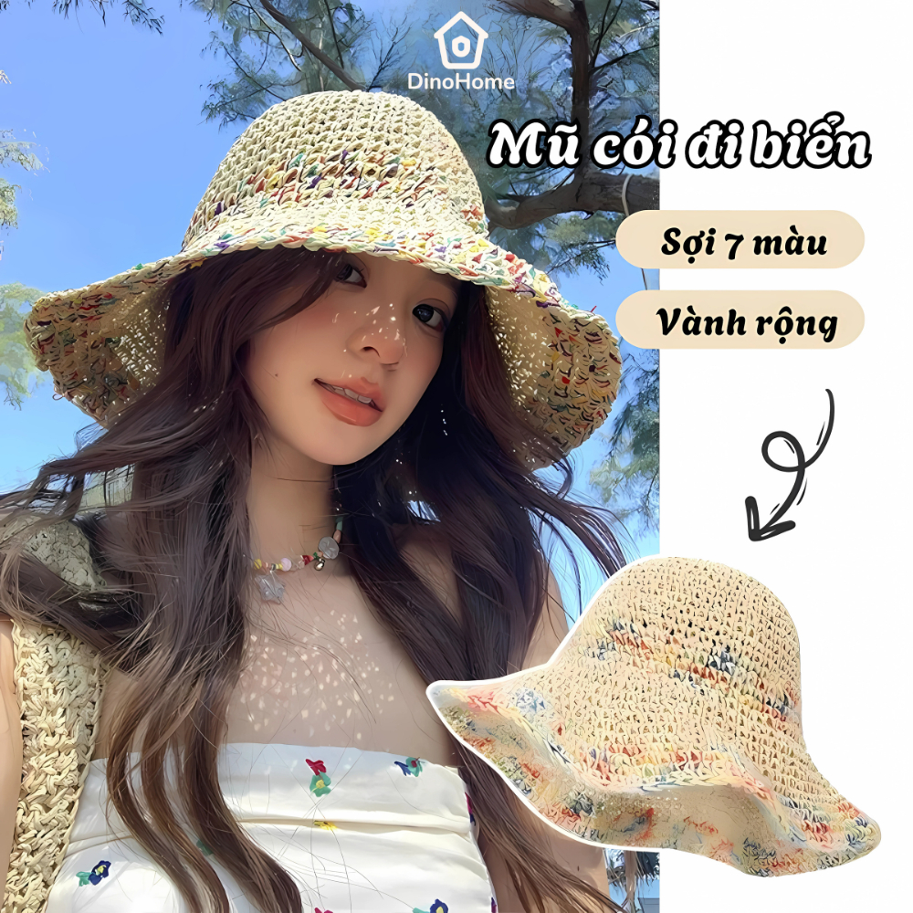 Mũ Cói Nữ Đi Biển Rộng Vành Thêu Hoa Vintage Sợi 7 Màu Cực Xinh, Mũ Chống Nắng Đi Chơi, Du Lịch Biển