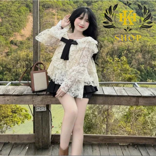 Set váy nữ áo trễ vai tay bồng phối ren áo kiểu nữ hở vai xoè tầng tiểu thư vải ren thêu hoa QC