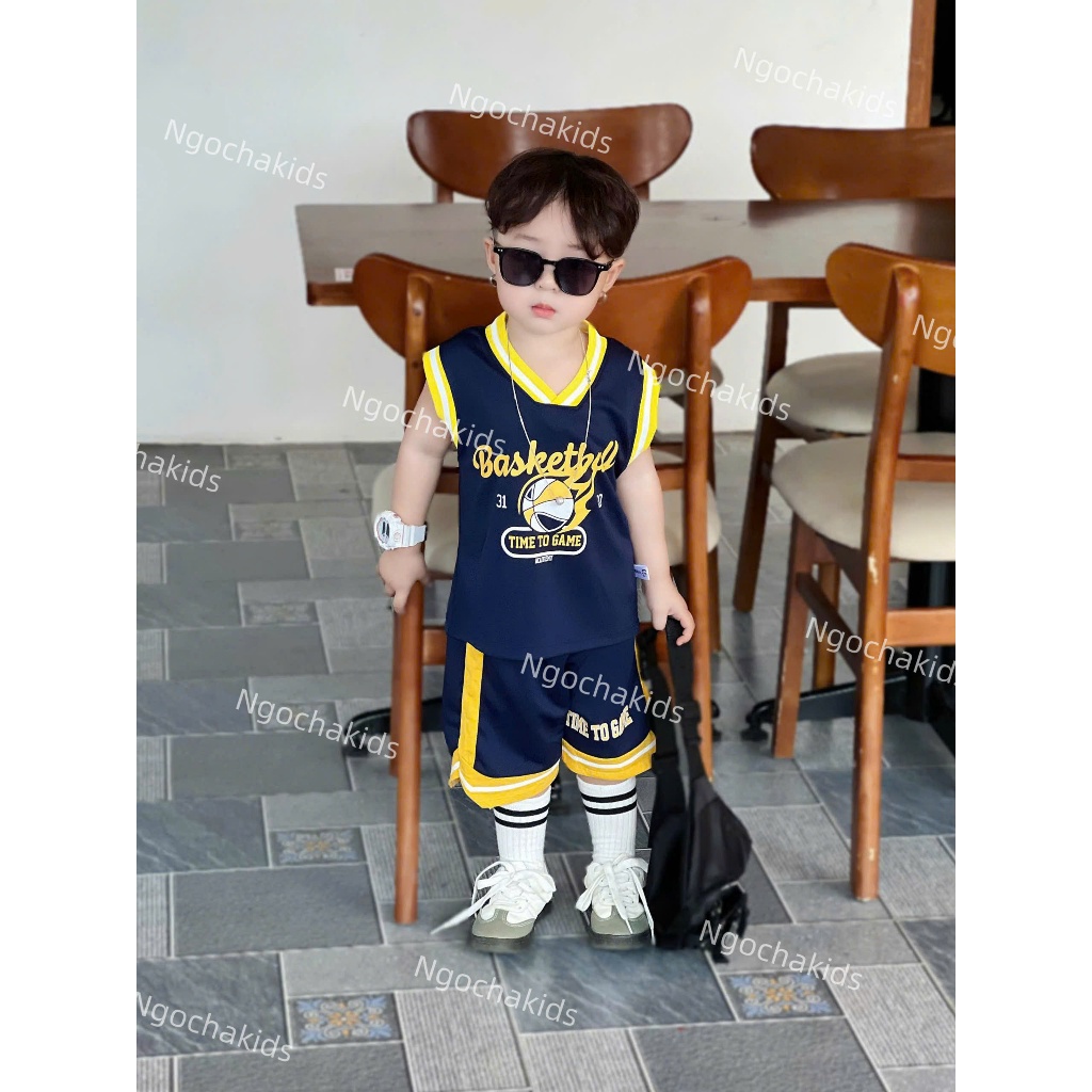Bộ quần áo 3 lỗ số thể thao BÓNG RỔ chất vải thông hơi thoáng mát, co giãn mềm mại cho bé mặc nhà, đi chơi size 8-24KG