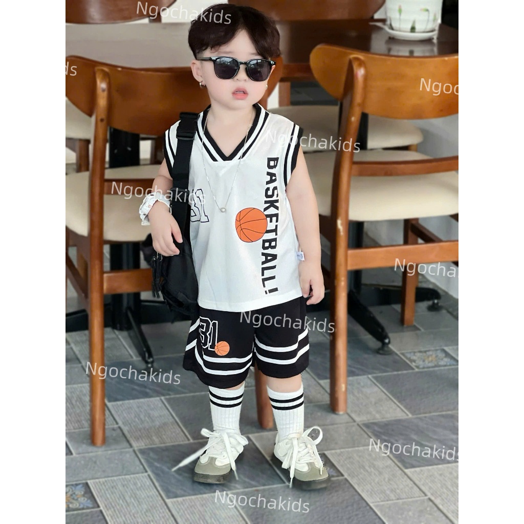 Bộ quần áo 3 lỗ số thể thao BÓNG RỔ chất vải thông hơi thoáng mát, co giãn mềm mại cho bé mặc nhà, đi chơi size 8-24KG