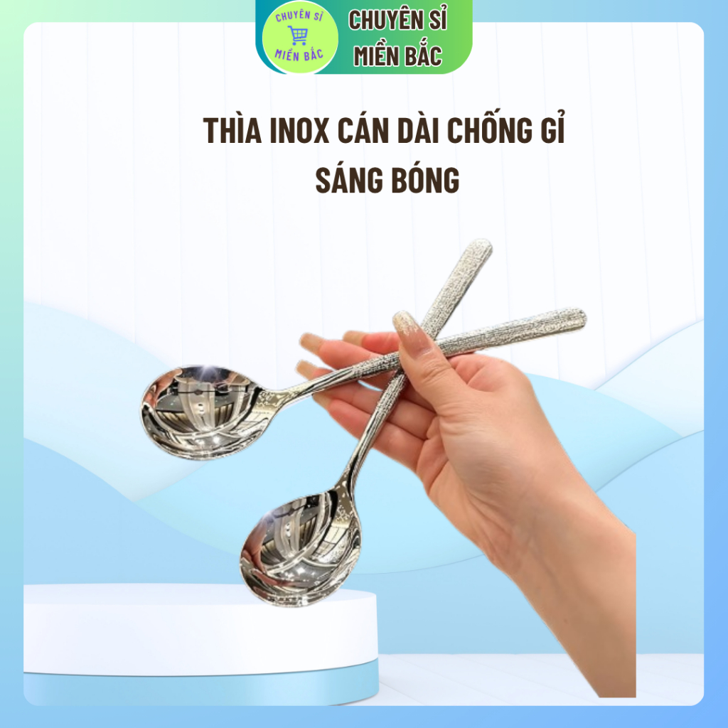 Thìa inox cán dài chống gỉ sáng bóng, muỗng inox ăn súp đầu tròn thiết kế sang trọng hiện đại