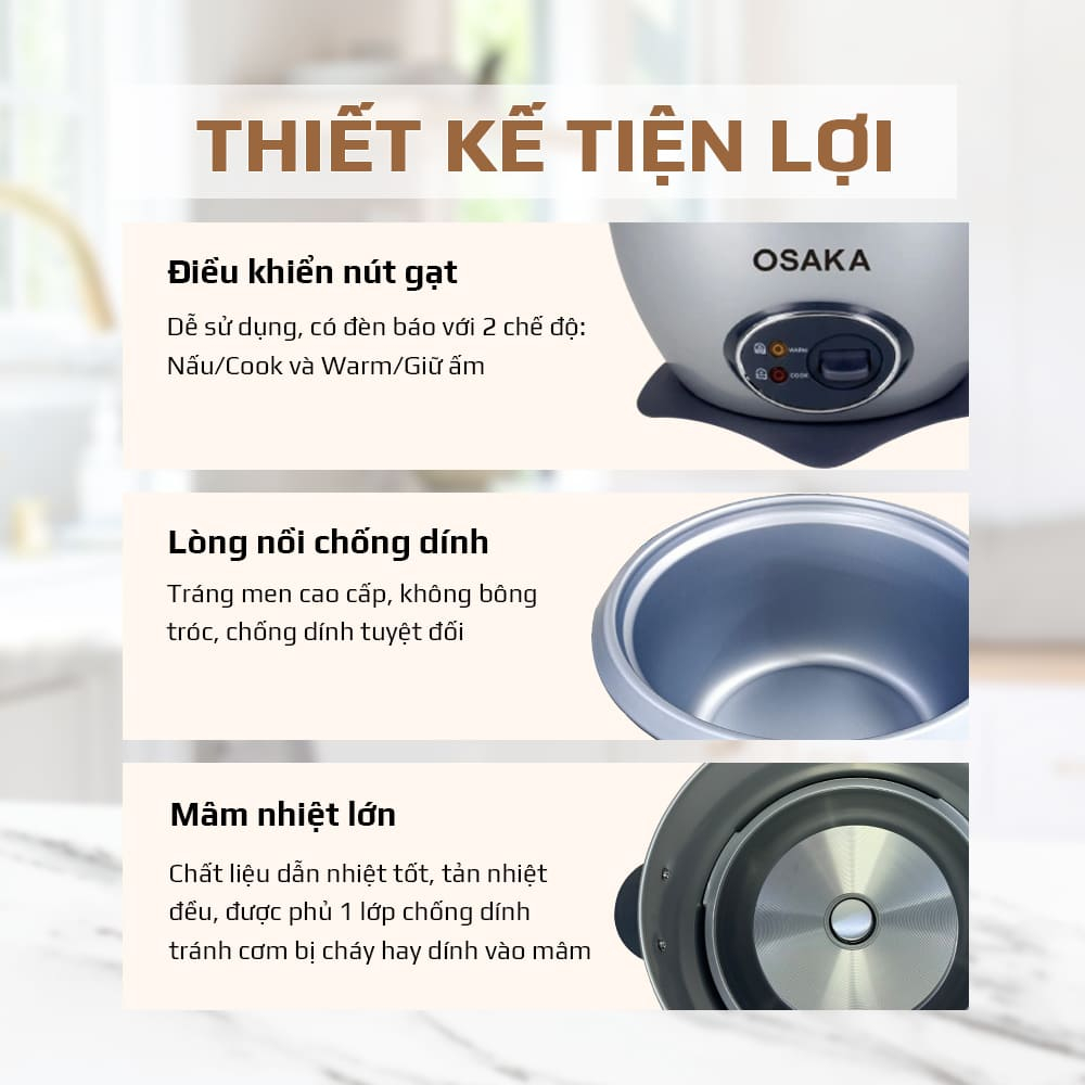 Nồi Cơm Điện Nắp Rời OSAKA RC-220R – Dung Tích 2.2L – Lòng Chống Dính – Nắp Inox 304 – Dễ Vệ Sinh