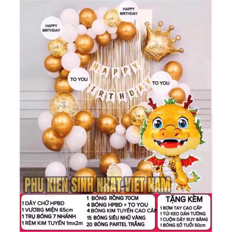 Phụ Kiện Sinh Nhật Rồng Vàng cho bé Trai và Gái ( Tặng Bơm, Keo, dây kết bóng)