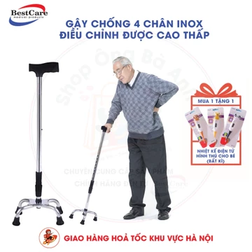 Gậy chống người già 4 chân bằng inox BestCare hỗ trợ việc đi lại, gậy chống 4 chân chống trơn trượt