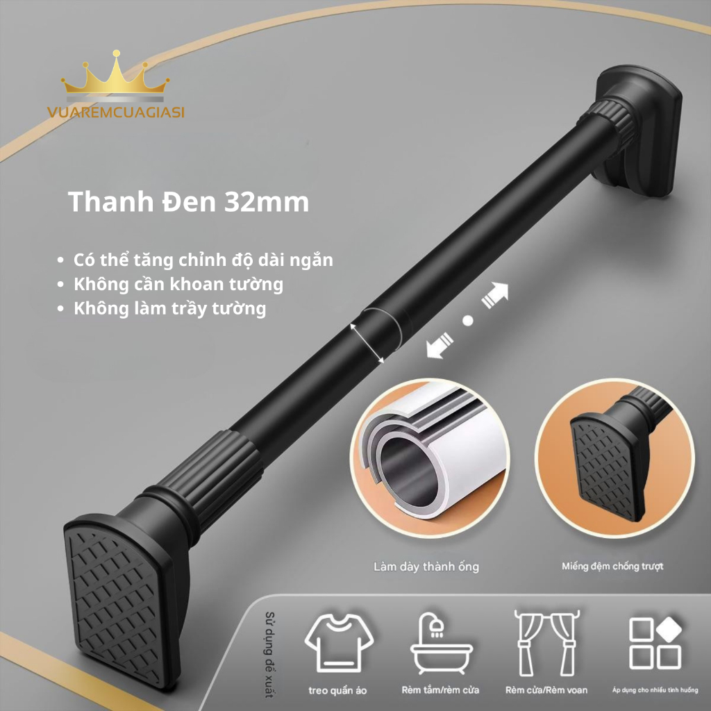 Thanh treo không khoan tường 32mm bản nâng cấp mới 2026, đầu chụp dạng xoay cố định, không cần khoan