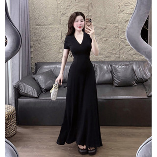 Đầm Cổ Tim Dáng Dài Xoè chất vải thun đũa lạnh mặc lên xinh xắn, che dáng cực đỉnh