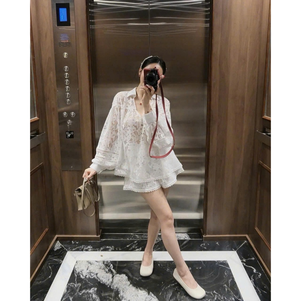 Set Bộ Ren Hoa Nữ Áo Sơ Mi Tay Bồng Kèm Quần, Sét Đồ Bộ Đi Biển Đi Cafe Sang Chảnh Dáng Tiểu Thư - CHAMIE STUDIO