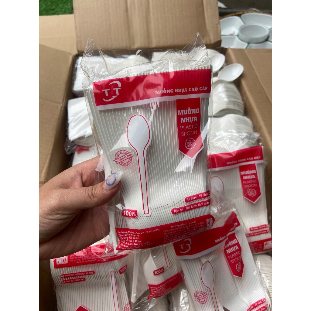 Sỉ 10 gói thìa nhựa cán dài màu trắng sứ -khoảng 800 cái