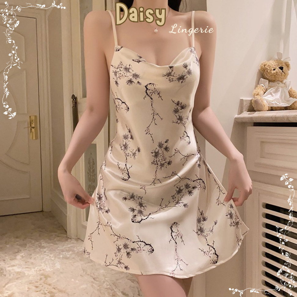 Váy Đầm Ngủ Lụa Nữ Họa Tiết Cành Lá Đơn Giản 2 Dây Gợi Cảm - Mã VN111