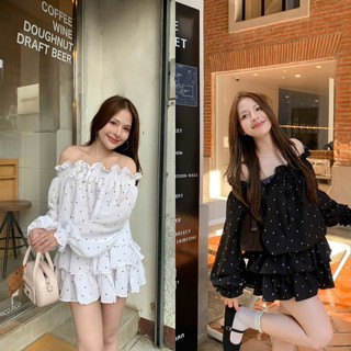 [V1.1002] Jum Trễ Vai Chấm Bi Tay Dài Bo Chun Dáng Xoè 2 Tầng 2 Màu Có Lót Quần