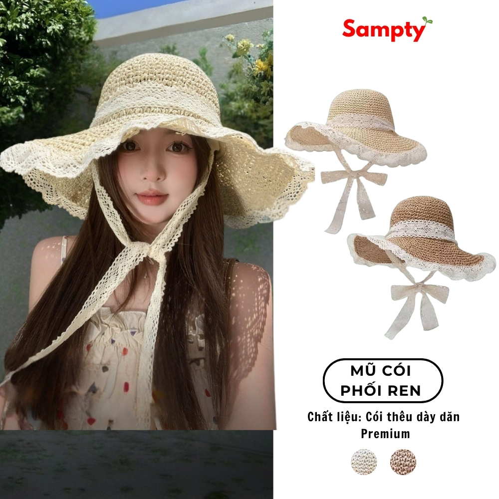 Mũ Cói Du Lịch, Đi Biển 𝐒𝐚𝐦𝐩𝐭𝐲 Chất Cói Premium Phối Ren Nơ Kèm Kẽm Điều Chỉnh Hình Dáng Mũ BST Summer 2025