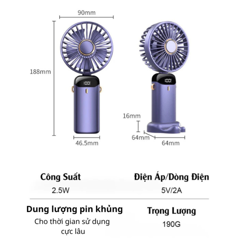 Quạt cầm tay mini gấp gọn 5 cấp độ Didooglt sạc pin tiện dụng, tích điện nhỏ gọn, dễ mang đi