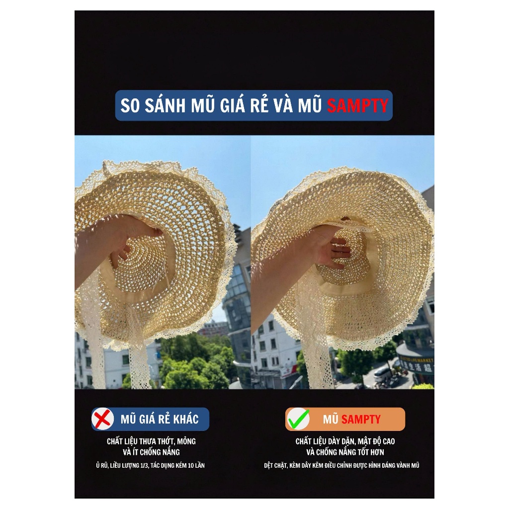 Mũ Cói Du Lịch, Đi Biển 𝐒𝐚𝐦𝐩𝐭𝐲 Chất Cói Premium Phối Ren Nơ Kèm Kẽm Điều Chỉnh Hình Dáng Mũ BST Summer 2025