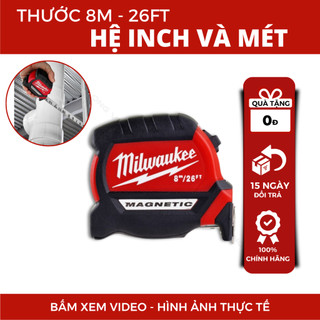 Thước Cuộn 8m Milwaukee 48-22-0626, Đo Mét và Inch, Chống Va Đập, Kẹp Móc Khóa, Dùng Cho Công Trường