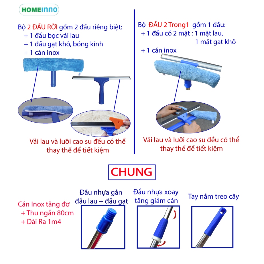 [HỎA TỐC] Cây Lau Kính và Gạt Bóng Kính Homeinno Cán Rút 90cm - Kéo Dài 1m4