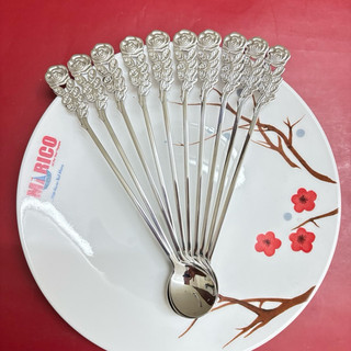 Thìa Hoa Hồng Inox 304 Trắng Bạc-Muỗng Dài 20cm Sinh Tố Cà Phê Trà Đào