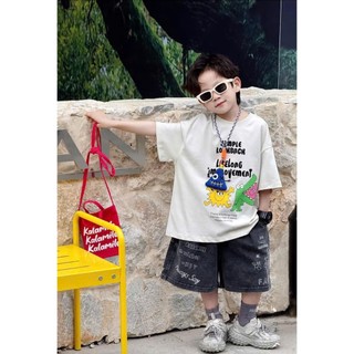 Bộ Jean Áo Cotton Hoạ Tiết Mát Nhẹ Mix Cùng Quần Jean Ngố Đen Mềm Cho Bé Trai
