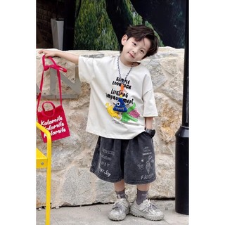 Bộ Jean Áo Cotton Hoạ Tiết Mát Nhẹ Mix Cùng Quần Jean Ngố Đen Mềm Cho Bé Trai