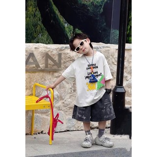 Bộ Jean Áo Cotton Hoạ Tiết Mát Nhẹ Mix Cùng Quần Jean Ngố Đen Mềm Cho Bé Trai
