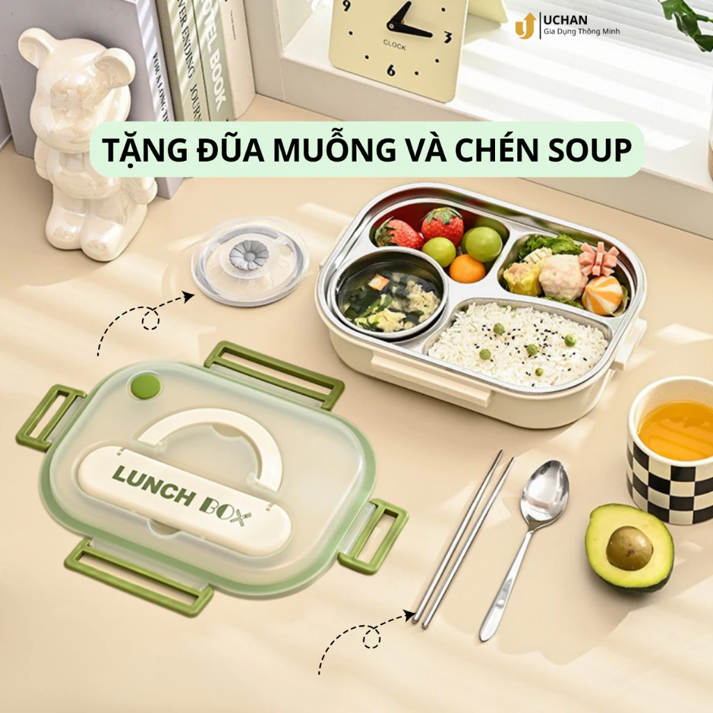 Hộp cơm 4 ngăn khay inox cao cấp Uchan Hộp đựng thức ăn Camen cơm chia ngăn SP15